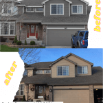 Gold Body, Taupe Trim, Med Brown Accent paint colors on exterior house
