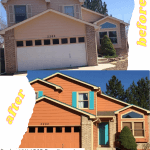 Orange Body, Lt Tan Trim, Blue-Green Accent paint colors on exterior house