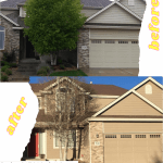 Tan Body, White Trim, Red Accent paint colors on exterior house